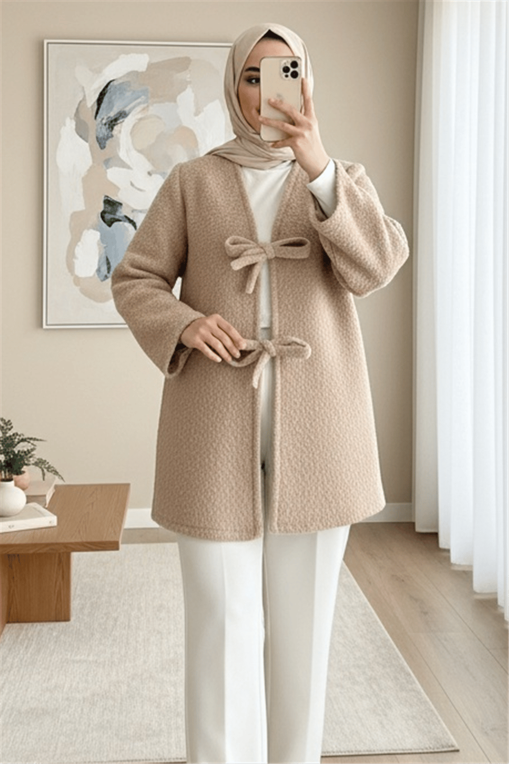 Önü Bağlamalı Sakallı Kimono -Bej-Kimono & Kaftan-398-55003-R56