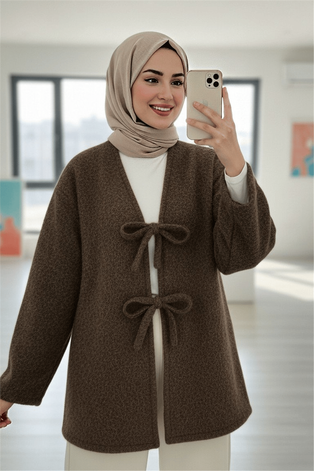 Önü Bağlamalı Sakallı Kimono -Kahve-Kimono & Kaftan-398-55003-R15
