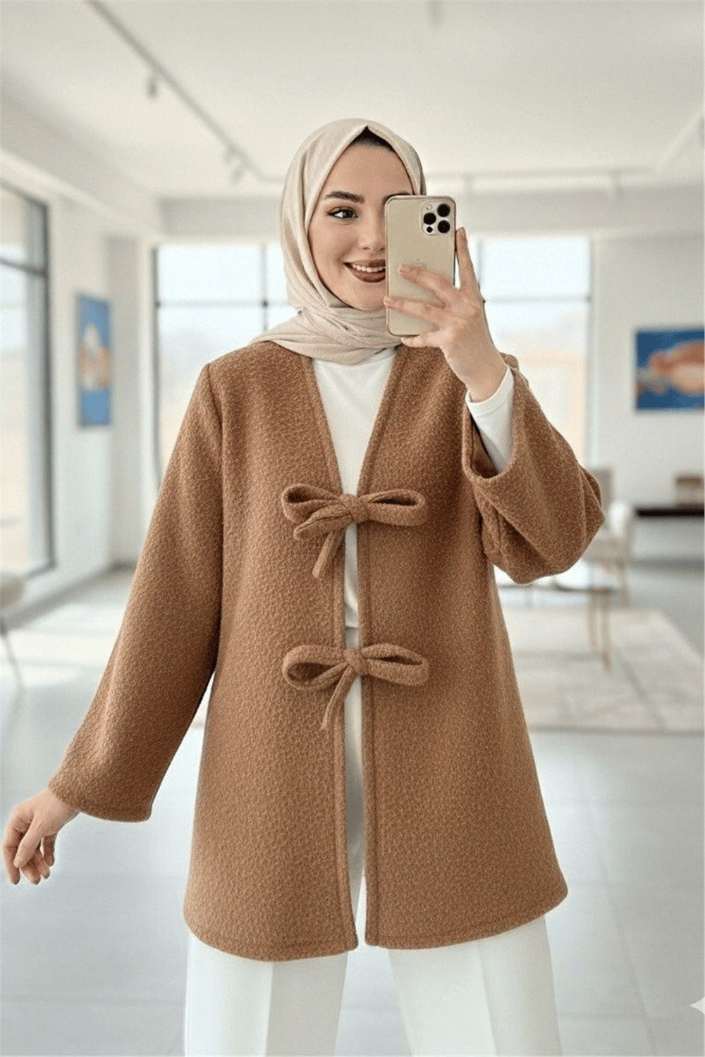 Önü Bağlamalı Sakallı Kimono -Vizon-Kimono & Kaftan-398-55003-R23