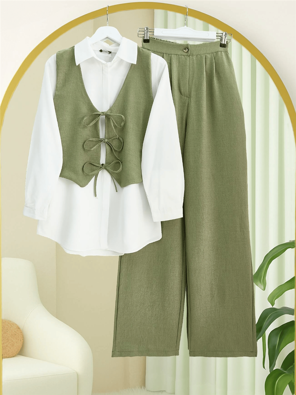 Önü Bağlamalı Yelek Pantolon İkili Takım -Haki-Takım-346-3069-R05