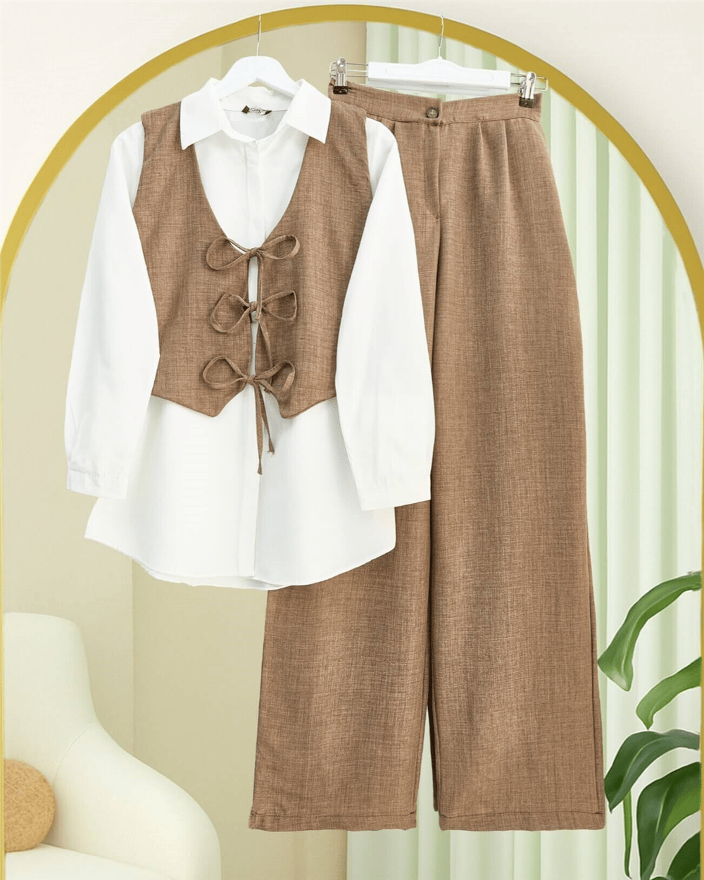 Önü Bağlamalı Yelek Pantolon İkili Takım   -Kahve-Takım-346-3069-R15