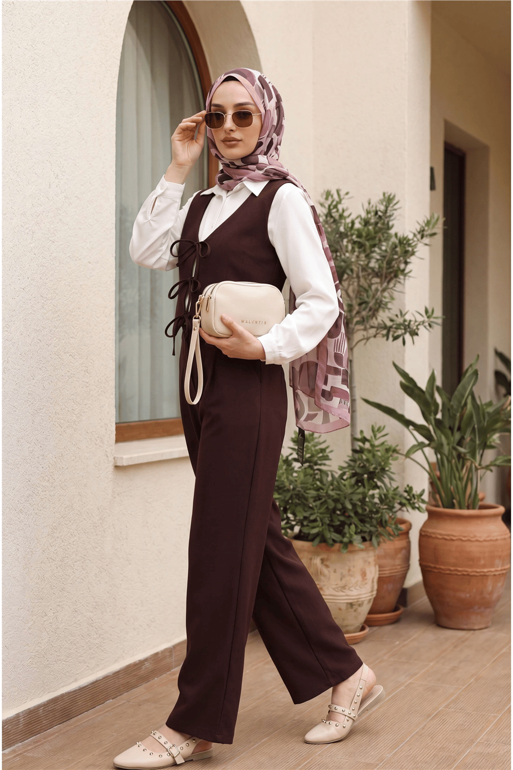 Önü Bağlamalı Yelek Pantolon İkili Takım    -K. Bordo-Takım-346-3069-R52