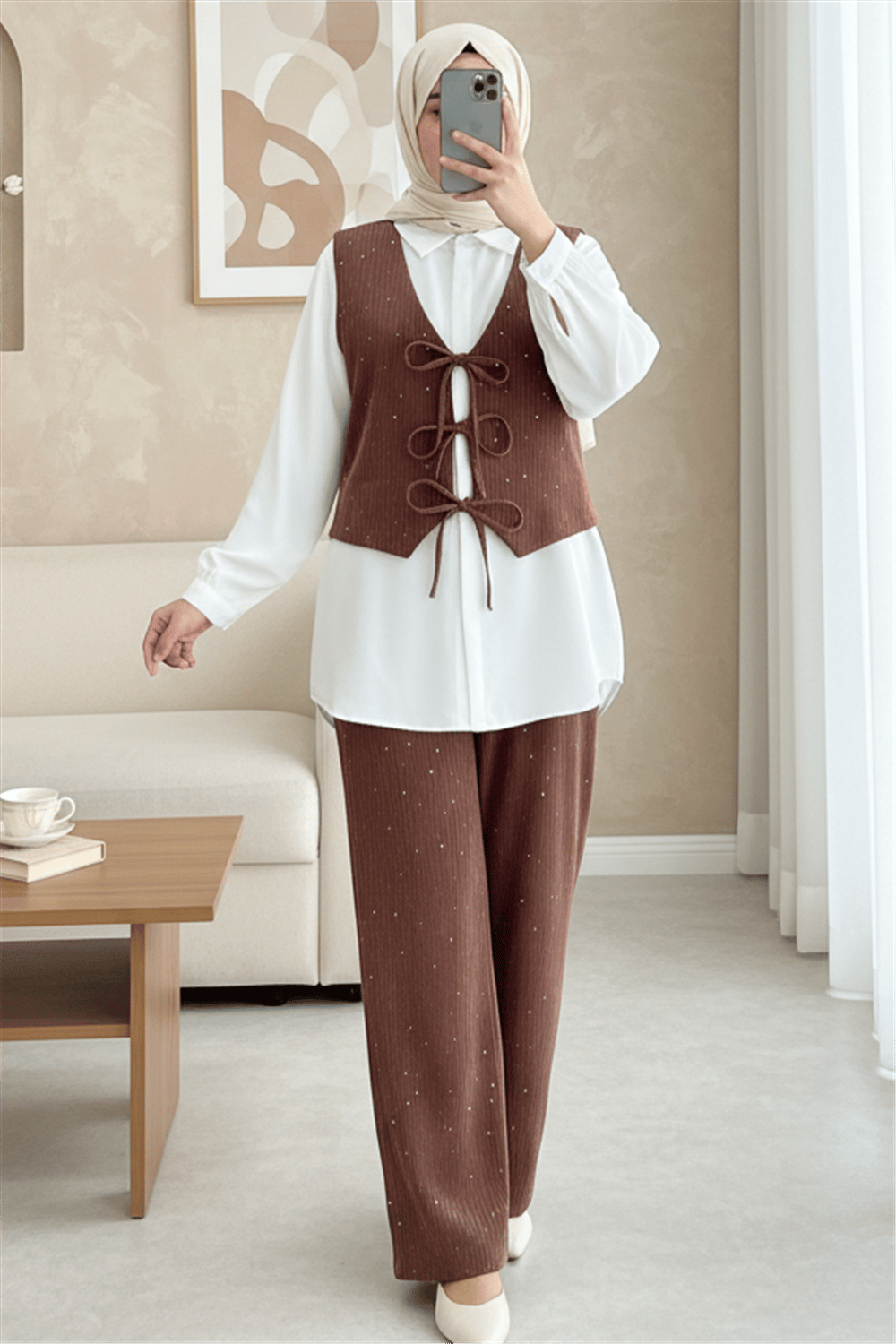 Önü Bağlamalı Yelek Pantolon Kadife Takım  -Kiremit-Takım-346-3080-R30