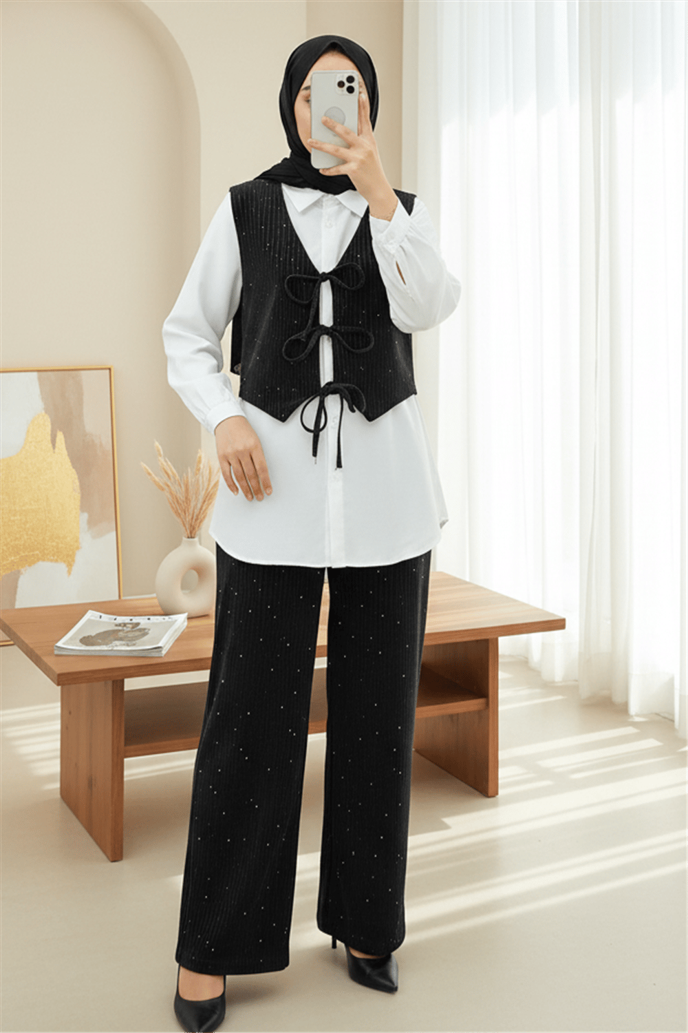 Önü Bağlamalı Yelek Pantolon Kadife Takım  -Antrasit-Takım-346-3080-R64