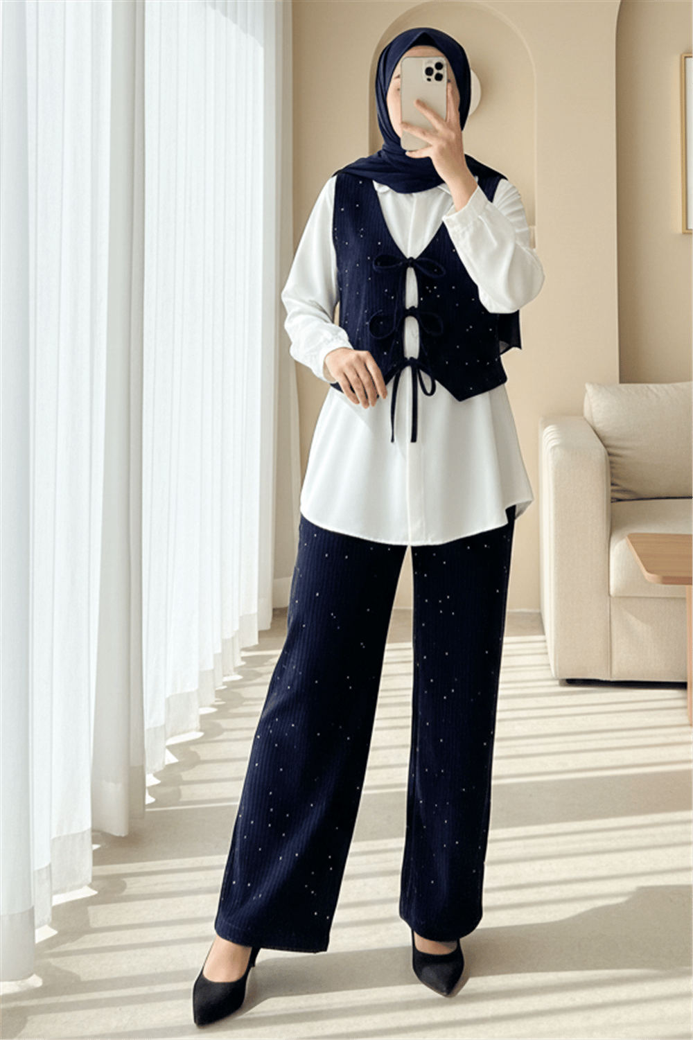 Önü Bağlamalı Yelek Pantolon Kadife Takım  -Laci-Takım-346-3080-R03