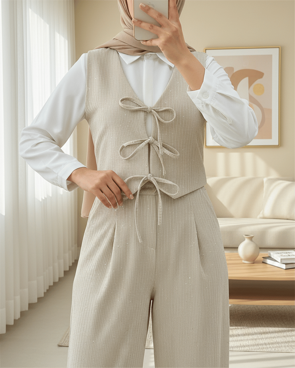 Önü Bağlamalı Yelek Pantolon Kadife Takım  -Bej-Takım-346-3080-R56
