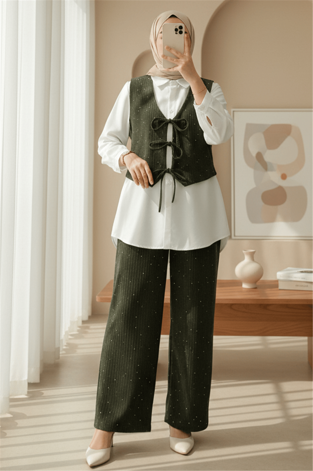 Önü Bağlamalı Yelek Pantolon Kadife Takım  -Haki-Takım-346-3080-R05
