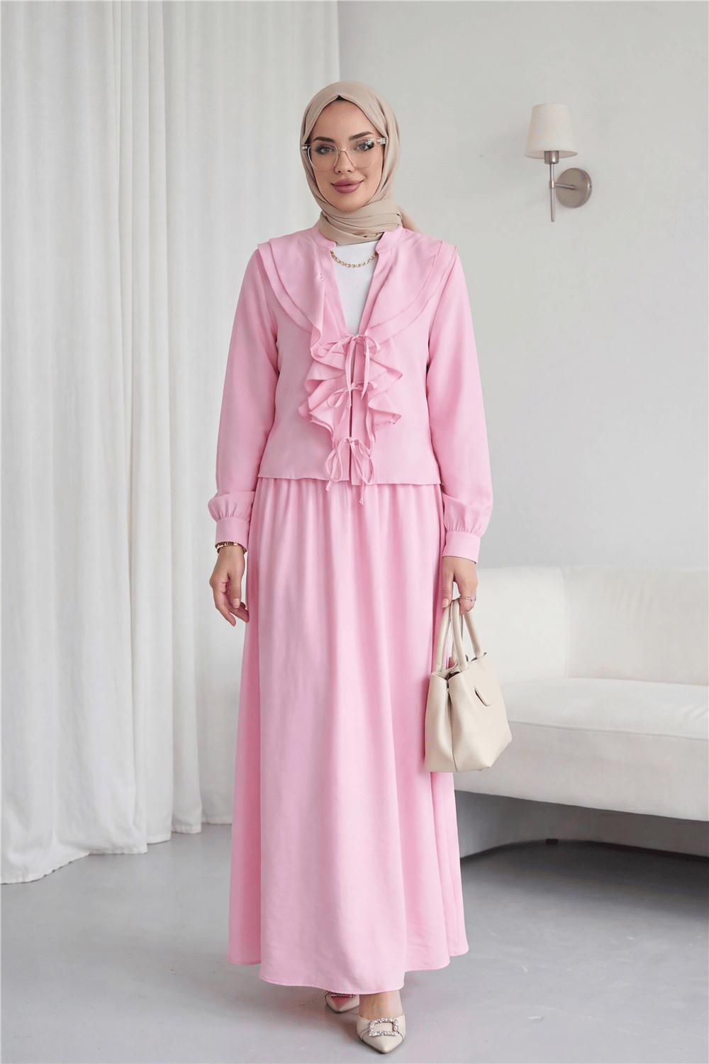 Önü Biritli Bağlamalı Volan Detaylı Etekli Modal Takım  -Pembe-Takım-111-40738-R20