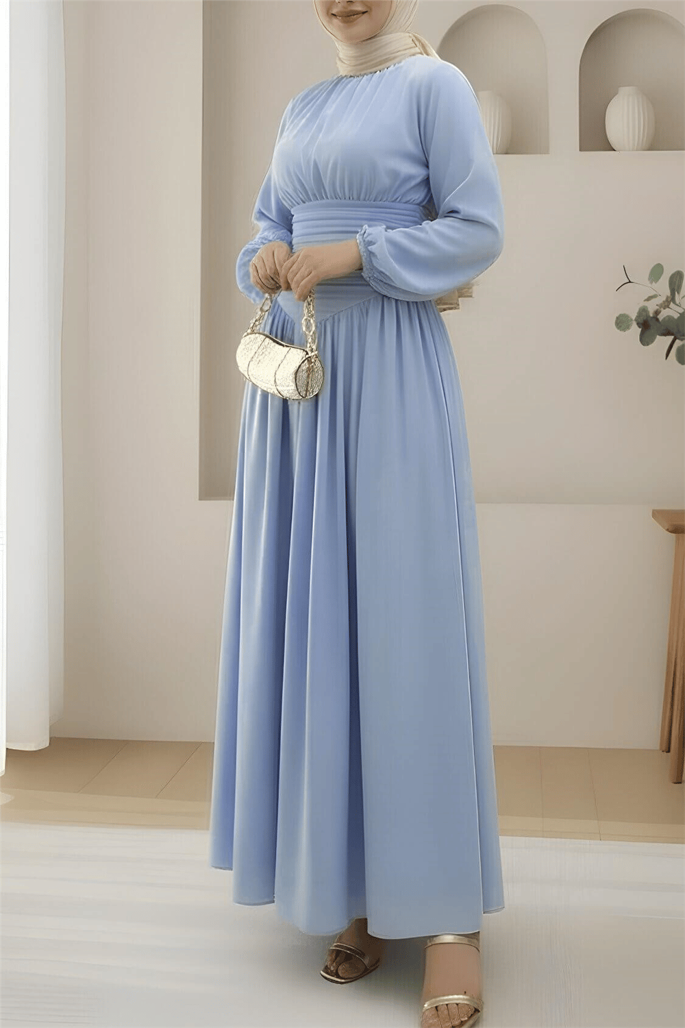 Önü Büzgülü Kolu Lastikli Fermuarlı Poplin Elbise -Açık Mavi-Elbise-253-13066-R25