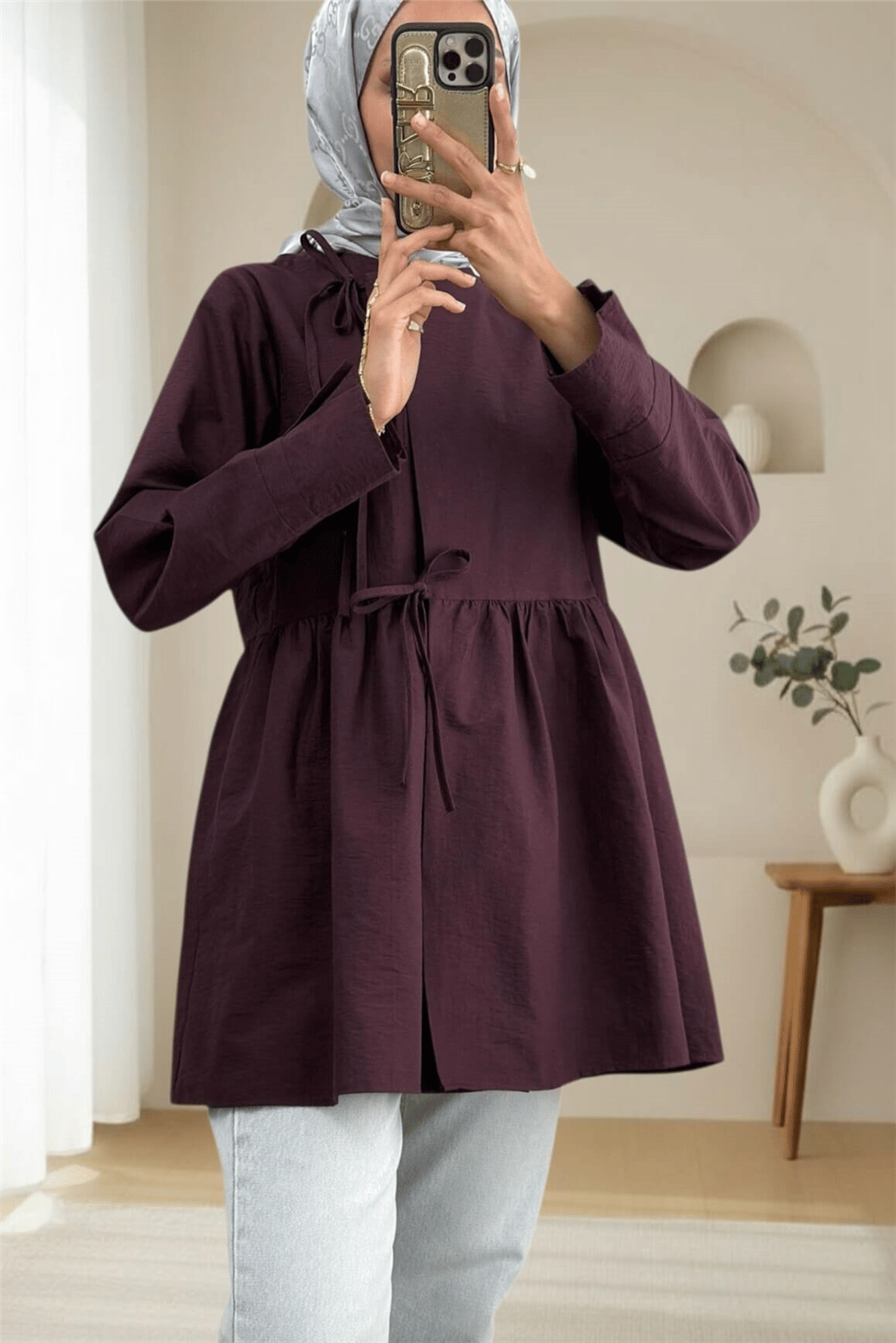 Önü Çapraz Bağlamalı Parçalı Kimono -Mürdüm-Kimono & Kaftan-307-0002-R09