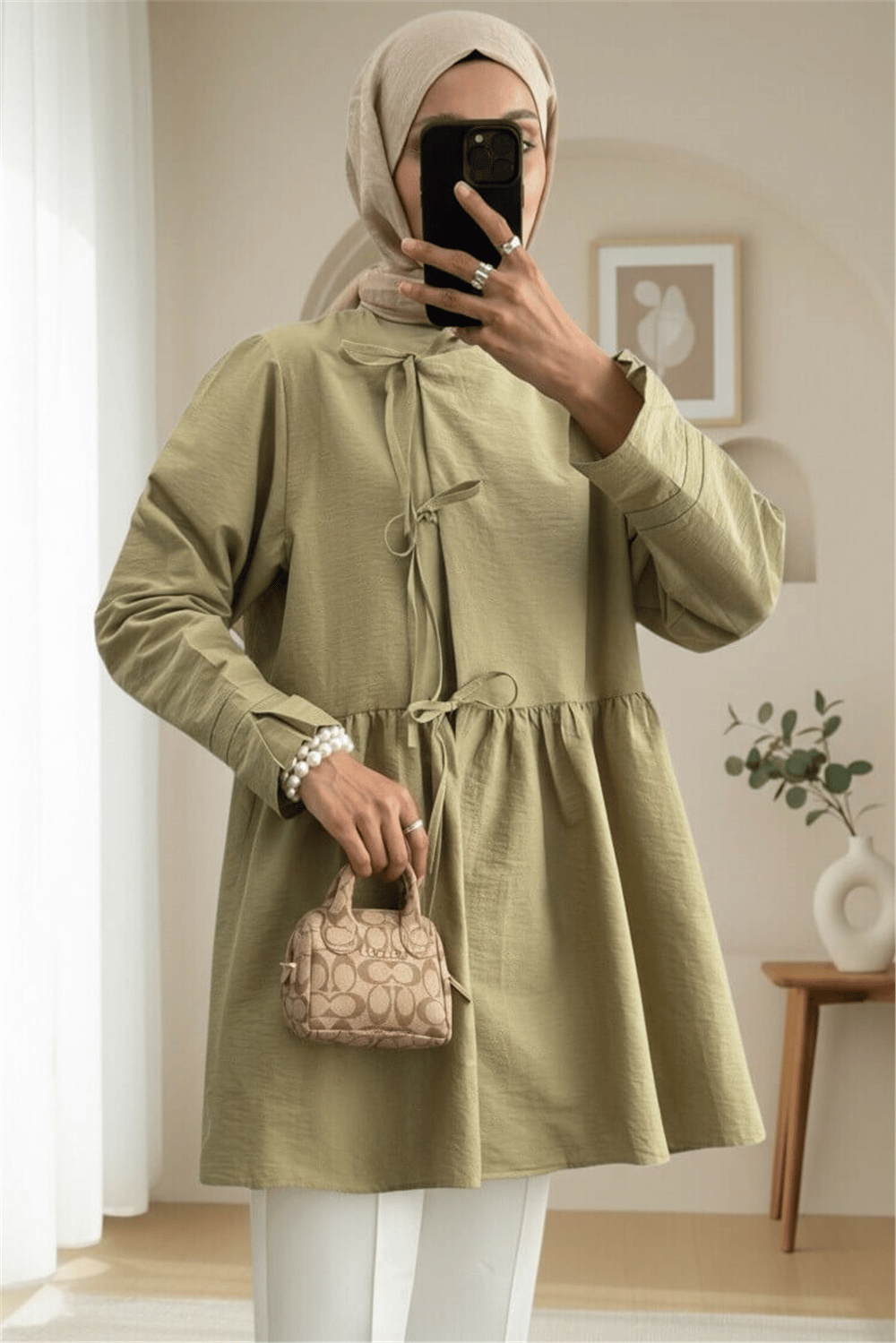 Önü Çapraz Bağlamalı Parçalı Kimono -Zeytin-Kimono & Kaftan-307-0002-R59
