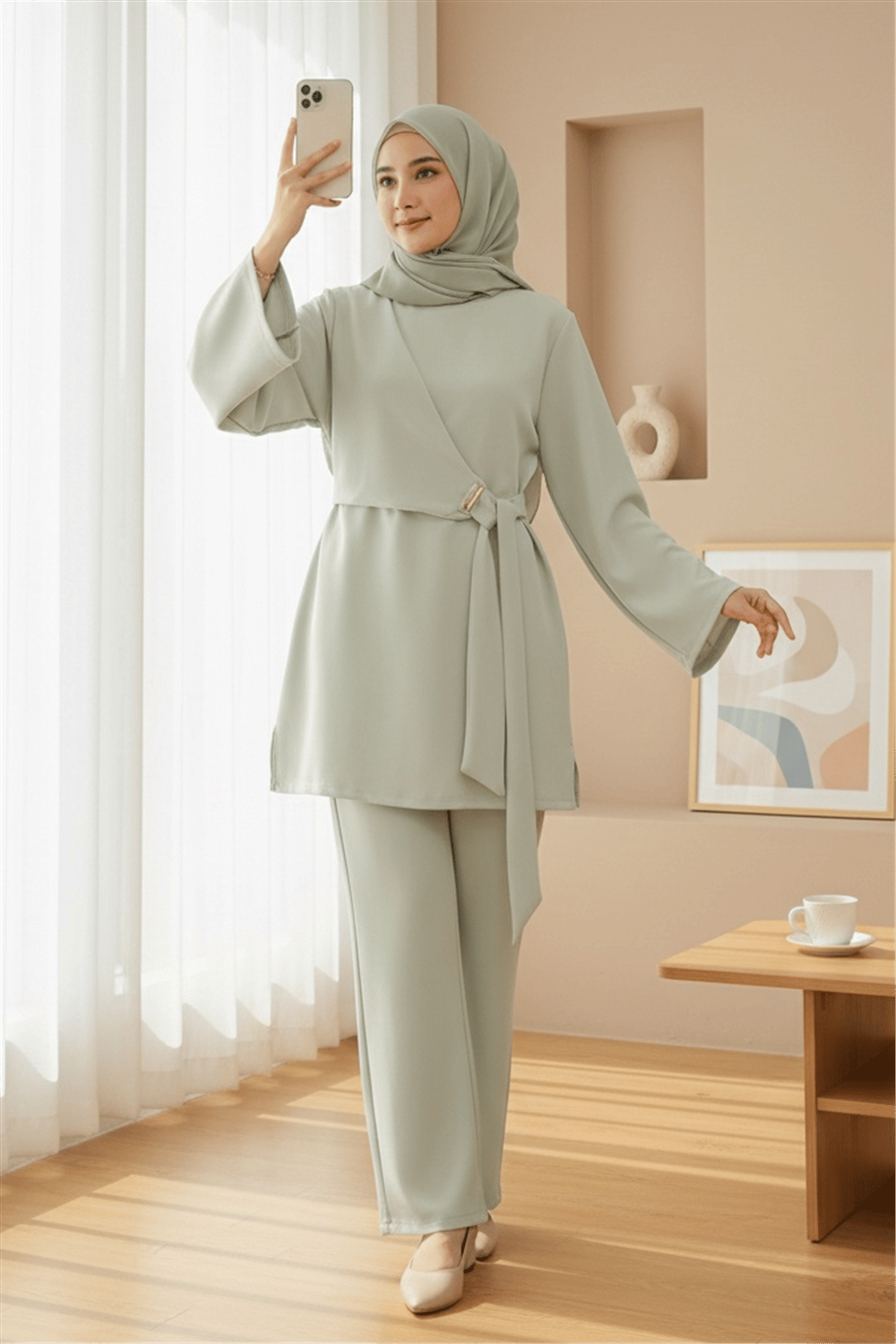 Önü Çapraz Bağlamalı Yırtmaçlı Scuba Takım  -Bej-Takım-120-5151-R56