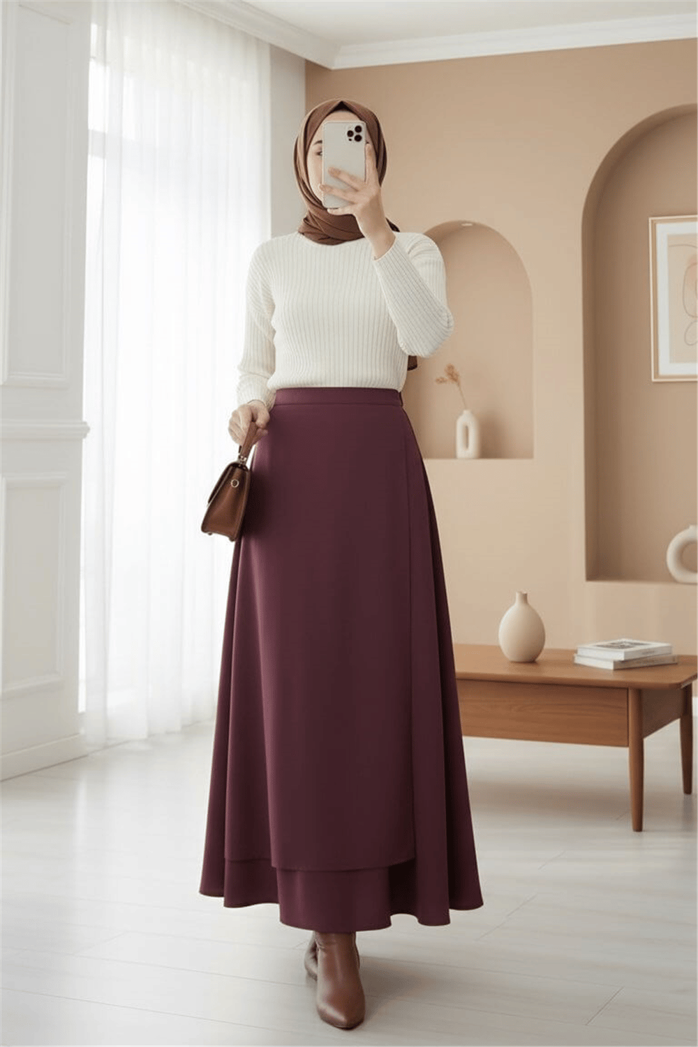 Önü Çapraz Çift Katlı Scuba Etek -Bordo-Etek-120-1632-R04