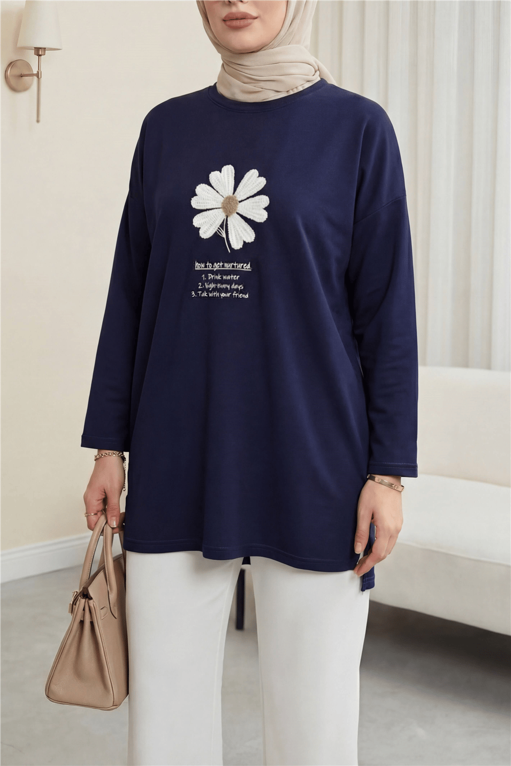 Önü Çiçek Nakışlı Bisiklet Yaka Penye Tunik -Laci-Tunik-253-13157-R03