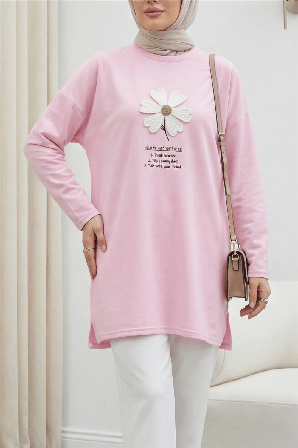Önü Çiçek Nakışlı Bisiklet Yaka Penye Tunik -Pembe-Tunik-253-13157-R20