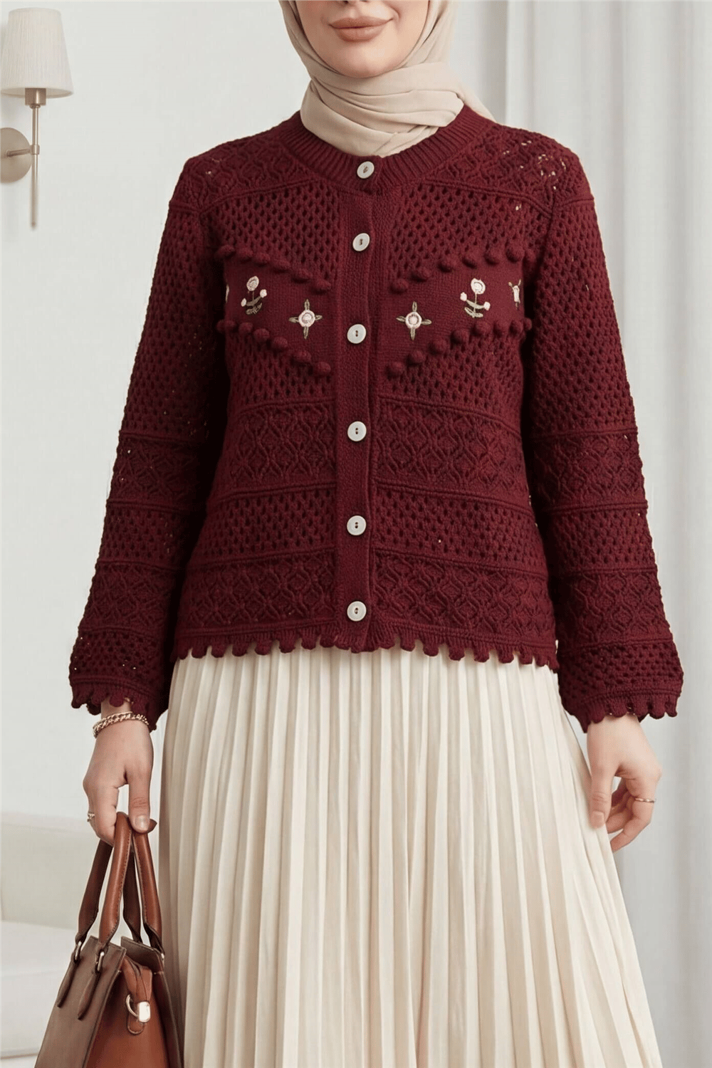 Önü Çiçek Nakışlı Ponponlu Düğmeli Triko Hırka     -Bordo-Hırka-109-0989-R04