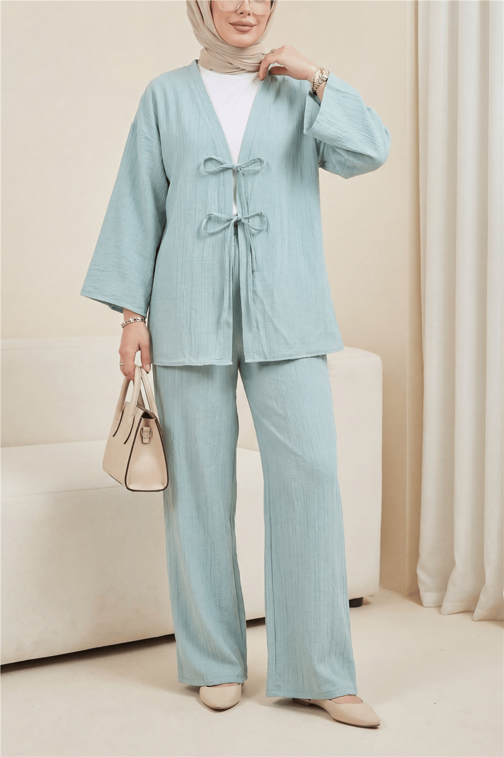 Önü Çift Bağcıklı Pantolonlu Krınkıl Takım  -Su Yeşili-Takım-349-6021-R36