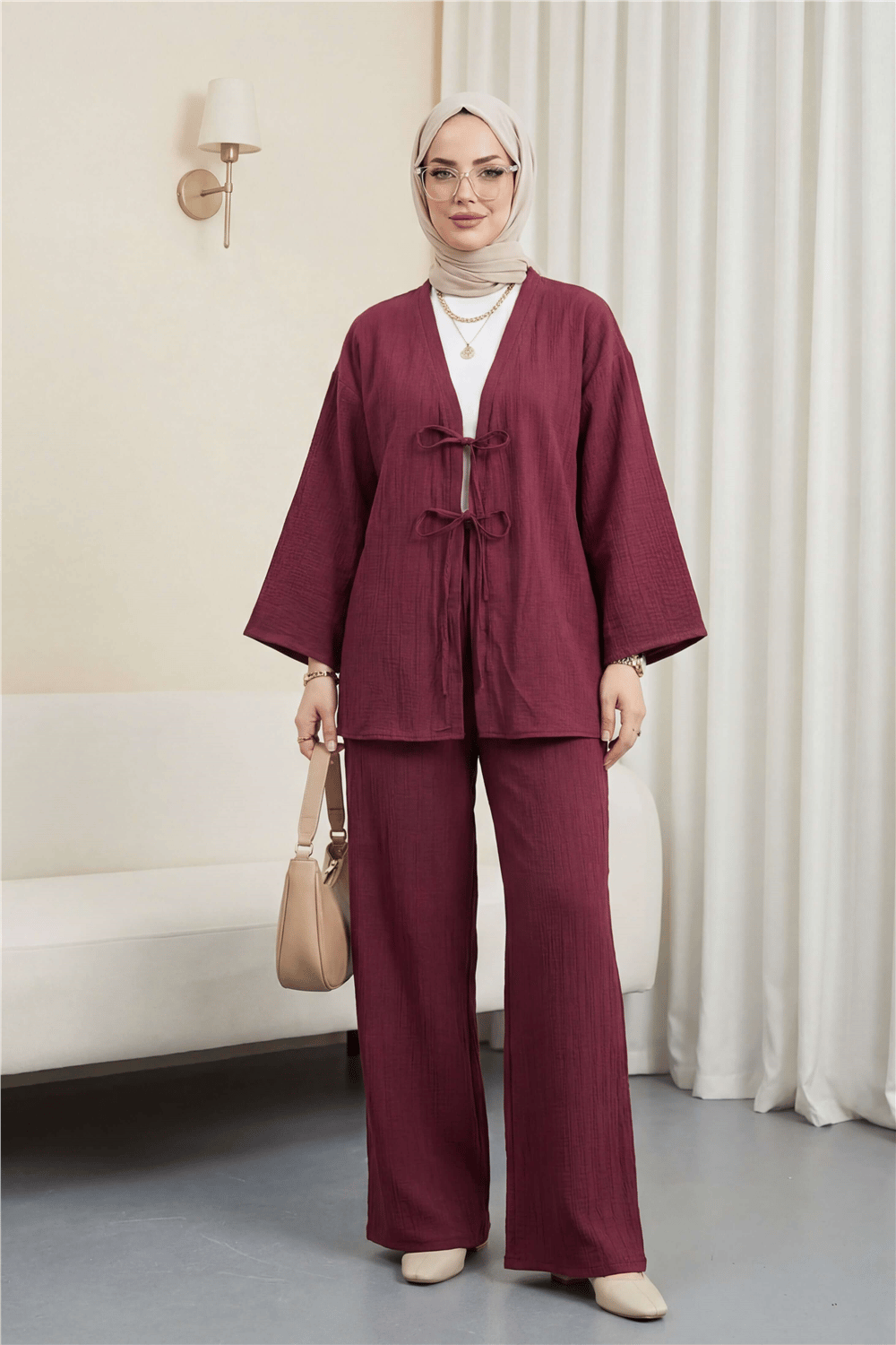 Önü Çift Bağcıklı Pantolonlu Krınkıl Takım    -Bordo-Takım-349-6021-R04