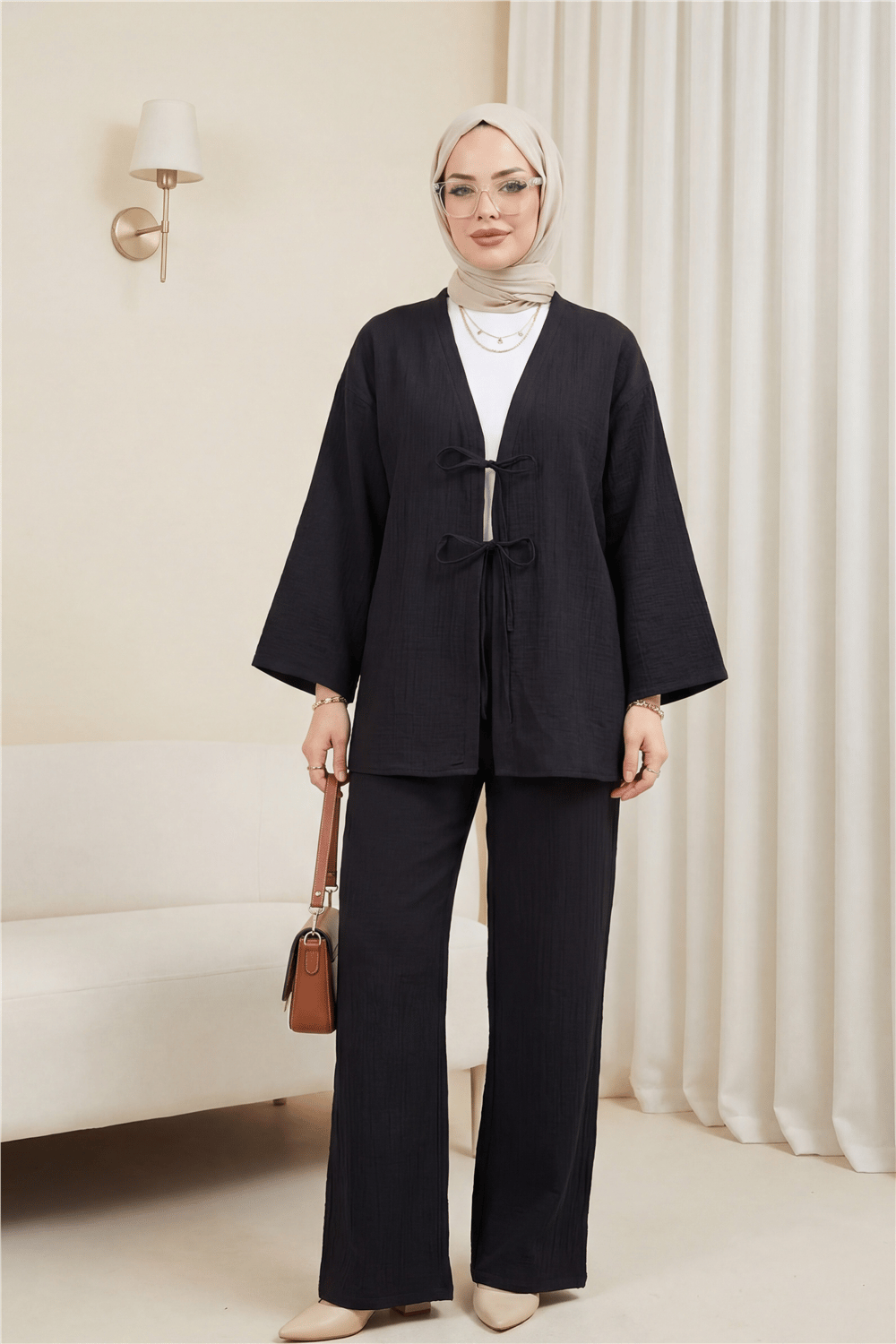 Önü Çift Bağcıklı Pantolonlu Krınkıl Takım  -Siyah-Takım-349-6021-R01