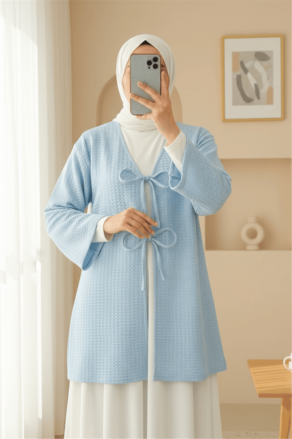 Önü Çift Bağcıklı Petek Desen Kimono -Bebe Mavi-Kimono&Kaftan-307-2373-R32