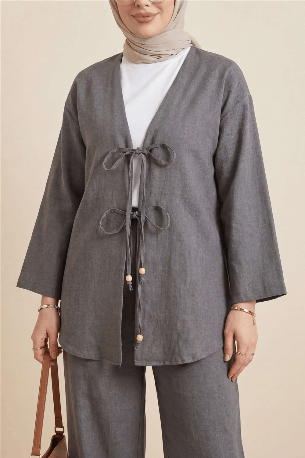 Önü Çift Bağlamalı Pantolonlu Kimono Takım       -Antrasit-Takım-223-3007-R64