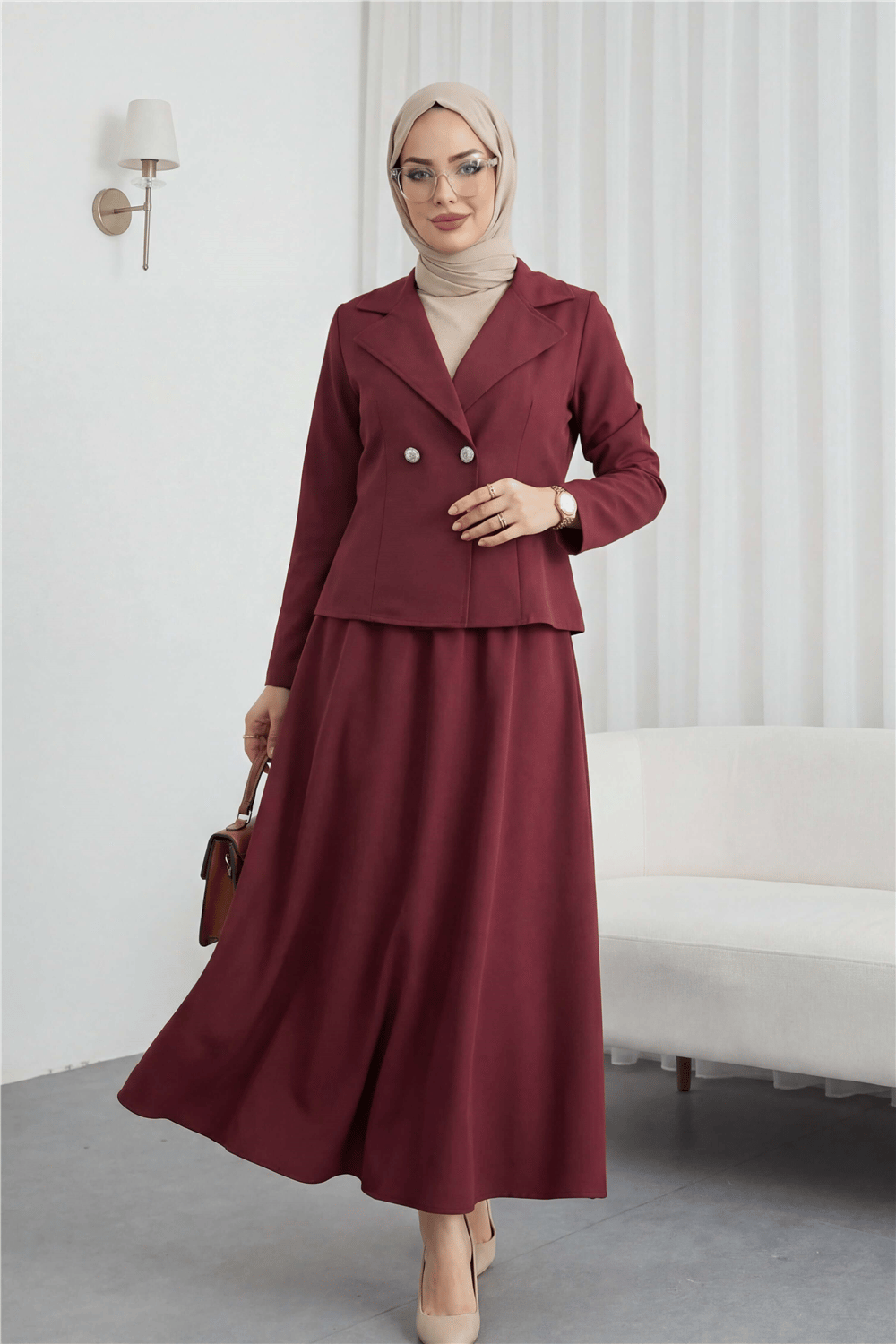 Önü Çift Düğmeli Kruvaze Yaka Ceket Etek Double Krep Takım   -Bordo-Takım-349-8049-R04