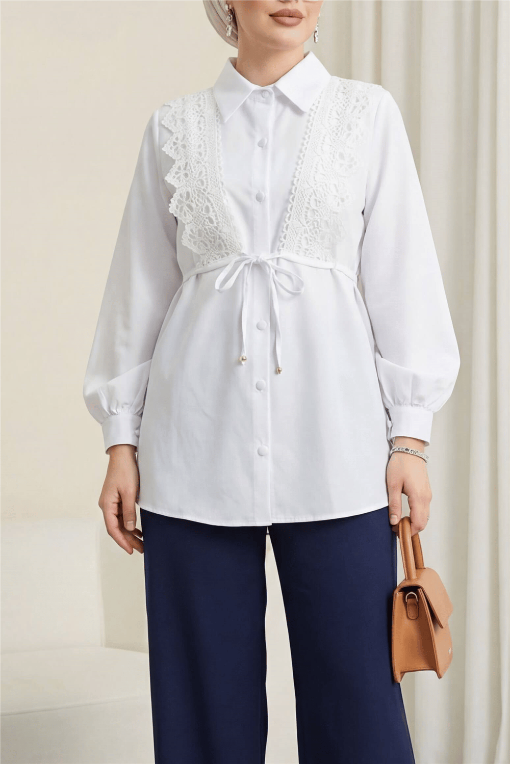 Önü Dantelli Bağlama Detaylı Düğmeli Poplin Gömlek -Beyaz-Gömlek-398-11062-R02