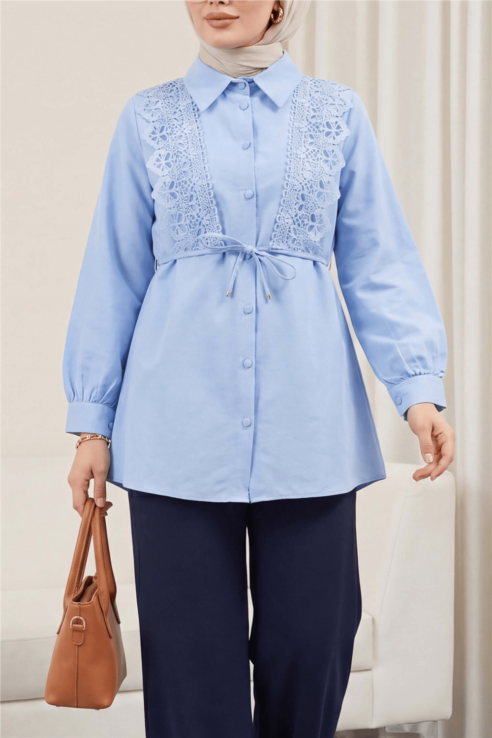 Önü Dantelli Bağlama Detaylı Düğmeli Poplin Gömlek -Bebe Mavi-Gömlek-398-11062-R32
