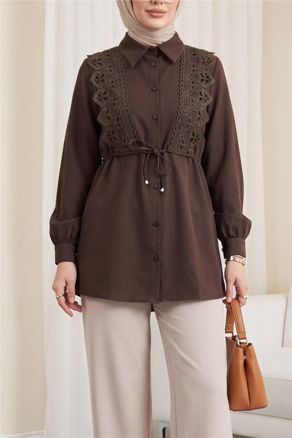 Önü Dantelli Bağlama Detaylı Düğmeli Poplin Gömlek -Kahve-Gömlek-398-11062-R15