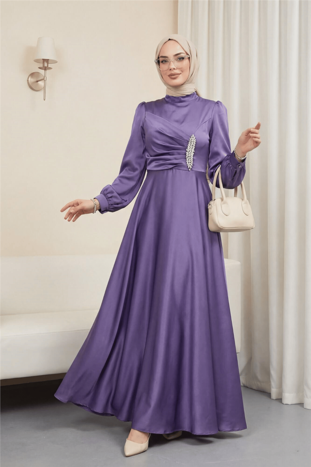 Önü Drapeli Taş Detaylı Saten Elbise -Lila-Elbise-386-6261-R42