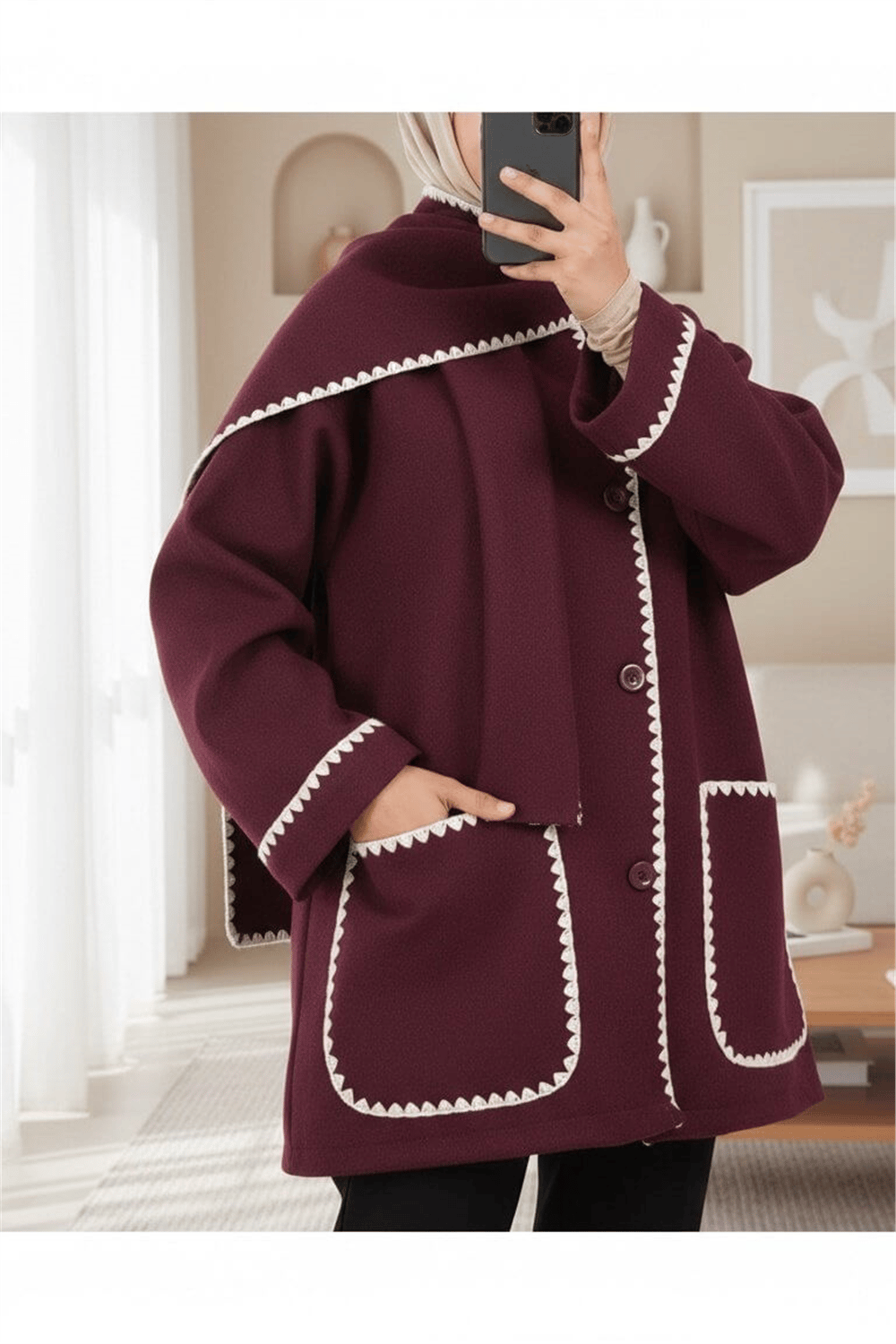 Önü Düğmeli Atkılı Cepli Ceket  -Bordo-Hırka-111-50712-R04