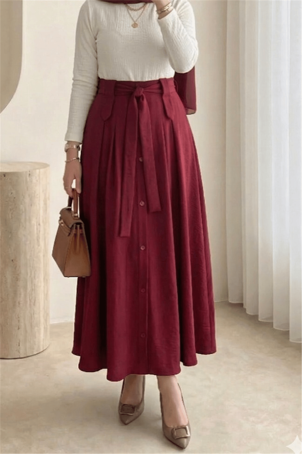 Önü Düğmeli Bağcıklı Paraşüt Etek -Bordo-Etek-346-3085-R04
