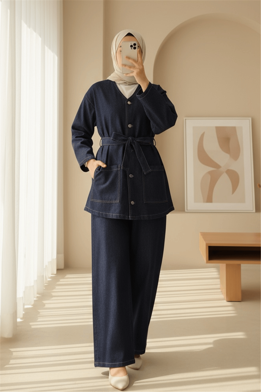 Önü Düğmeli Çİft Cepli Kuşaklı Kot Takım  -K.Laci-Takım-197-10070-R62