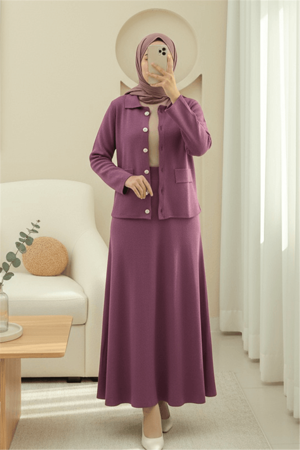Önü Düğmeli Etekli Yakalı Triko Takım -Mürdüm-Takım-295-1283-R09