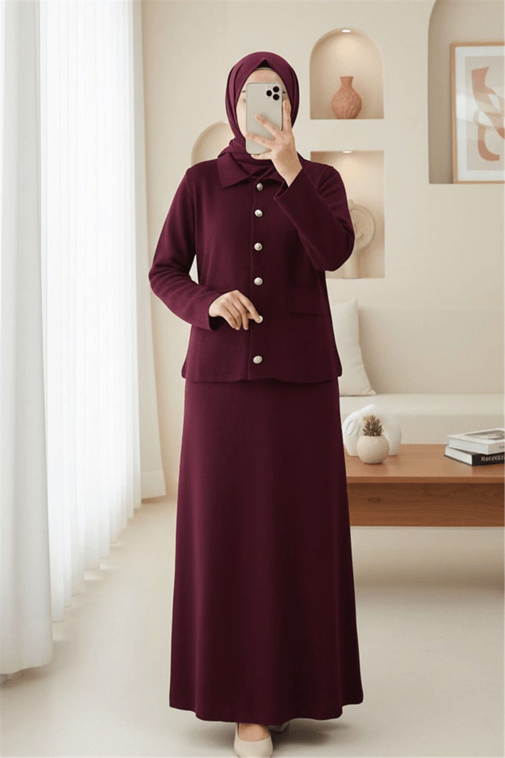 Önü Düğmeli Etekli Yakalı Triko Takım -Bordo-Takım-295-1283-R04