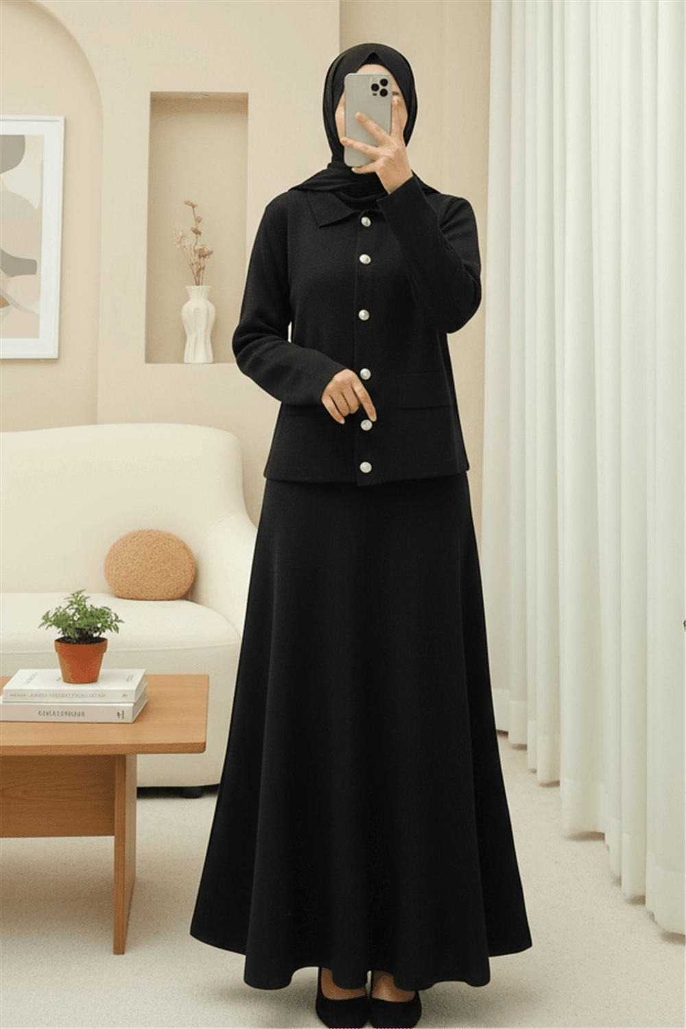 Önü Düğmeli Etekli Yakalı Triko Takım -Siyah-Takım-295-1283-R01