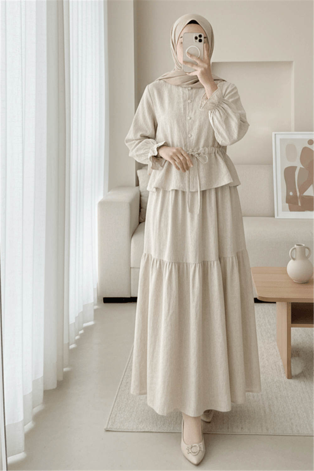 Önü Düğmeli Kolu Lastikli Tünel Bağcıklı Keten Takım  -Bej-Takım-349-7032-R56