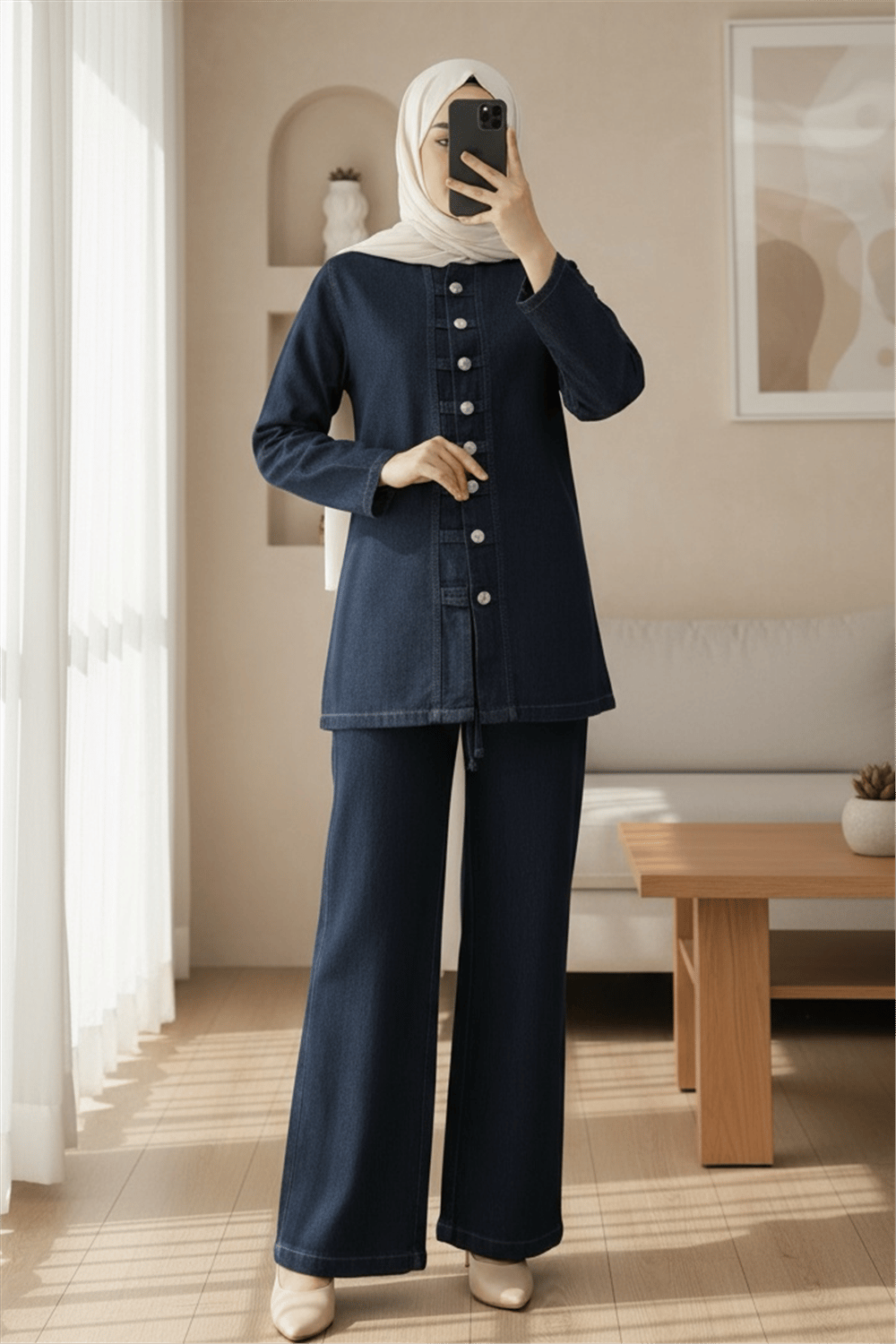 Önü Düğmeli Pantolonlu Kot Takım -Laci-Takım-417-17271-R03