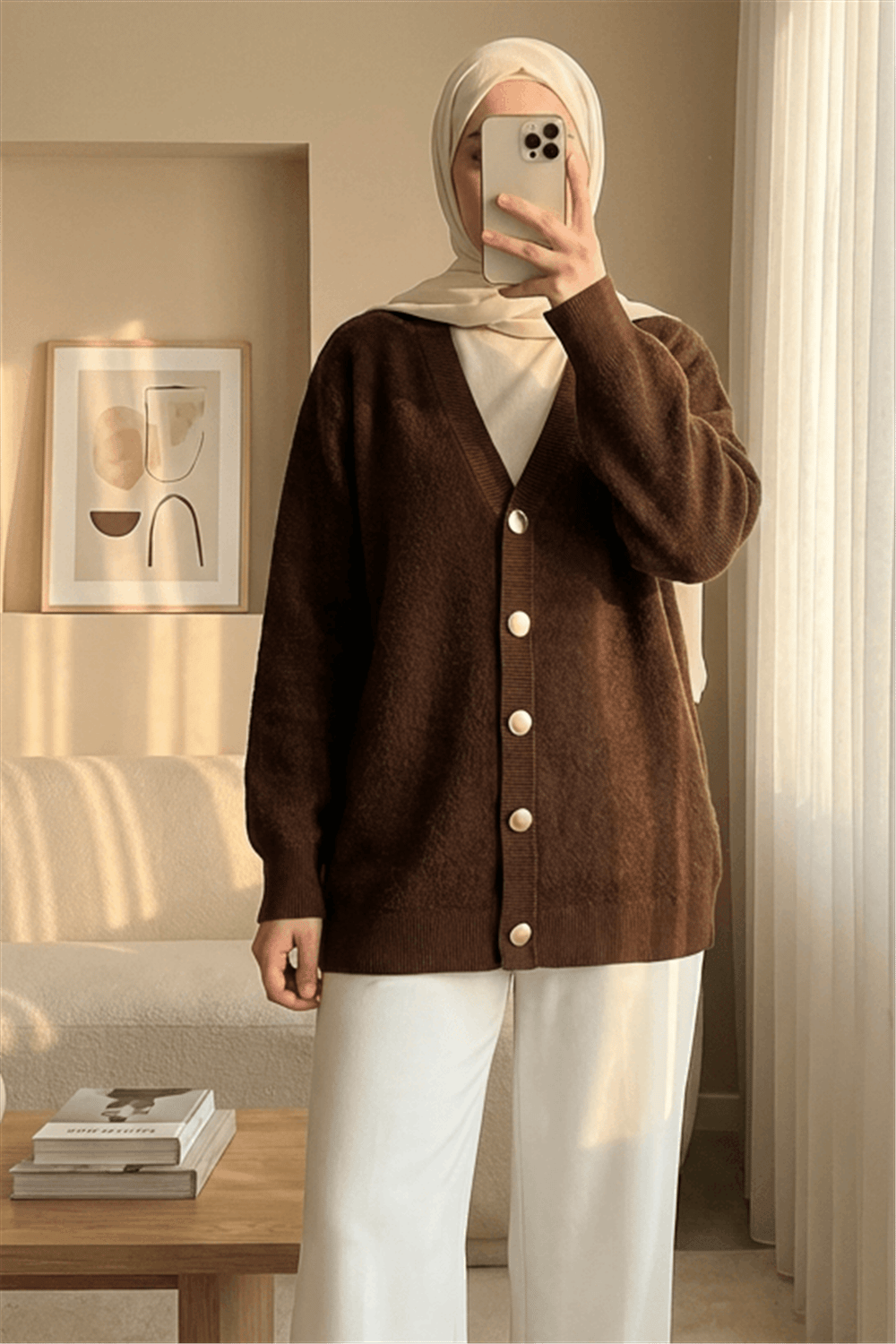 Önü Düğmeli Sakallı Salaş Triko Hırka -Kahve-Hırka-295-1291-R15
