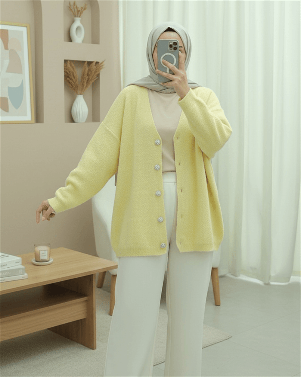 Önü Düğmeli Sakallı Salaş Triko Hırka   -Sarı-Hırka-109-9756-R22
