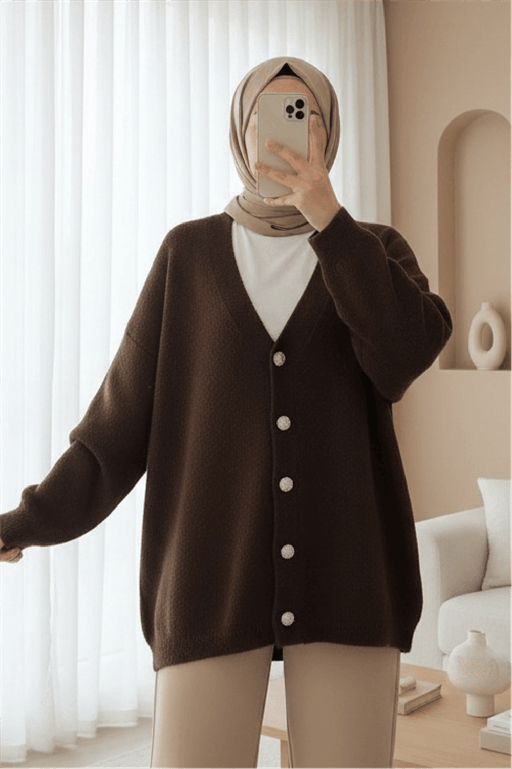 Önü Düğmeli Sakallı Salaş Triko Hırka   -Kahve-Hırka-109-9756-R15