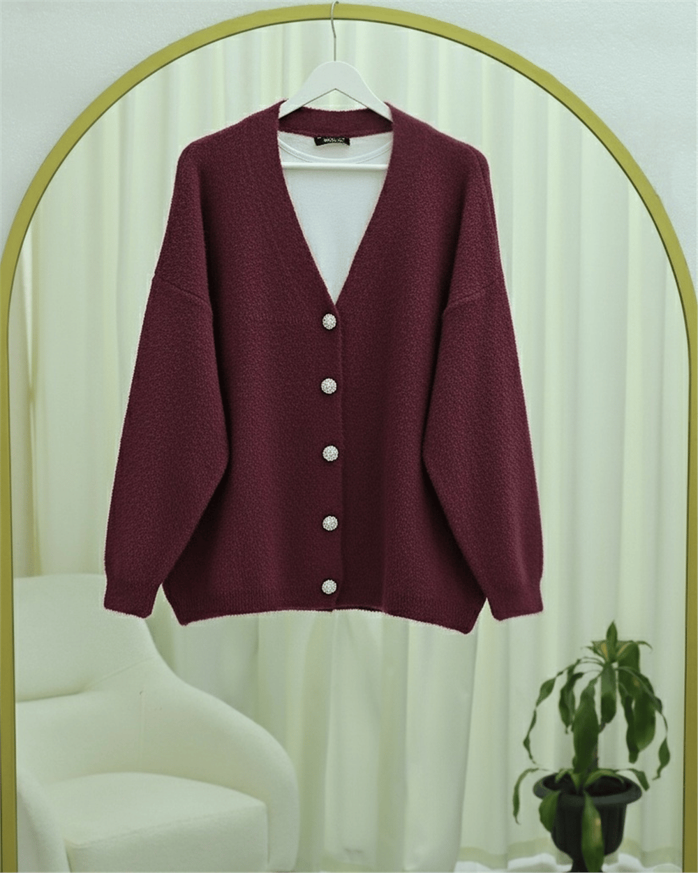 Hırka-Önü Düğmeli Sakallı Salaş Triko Hırka   -Bordo-109-9756-R04