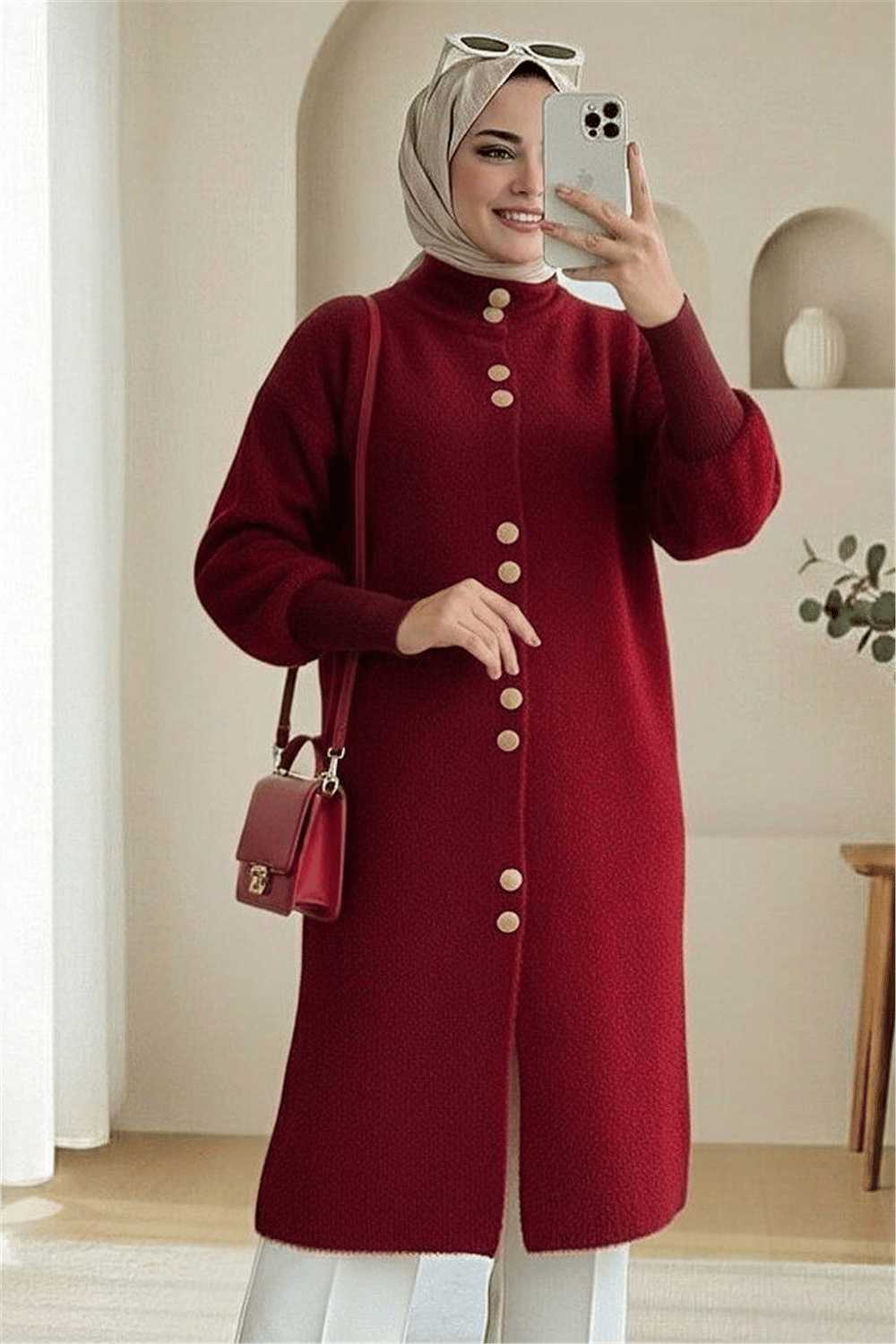 Önü Düğmeli Uzun Sakallı Yumoş  Hırka -Bordo-Hırka-280-3265-R04