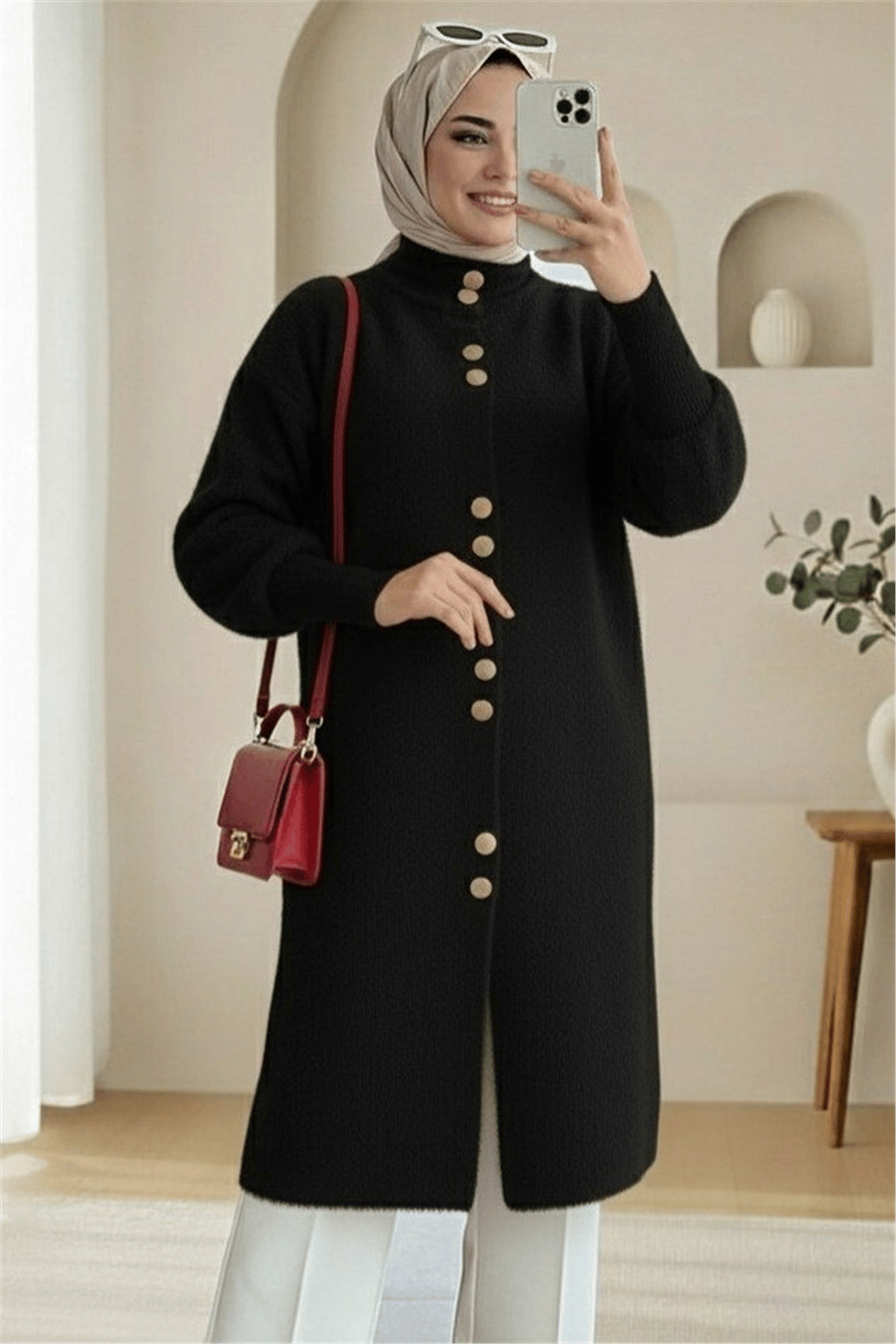Önü Düğmeli Uzun Sakallı Yumoş  Hırka -Siyah-Hırka-280-3265-R01