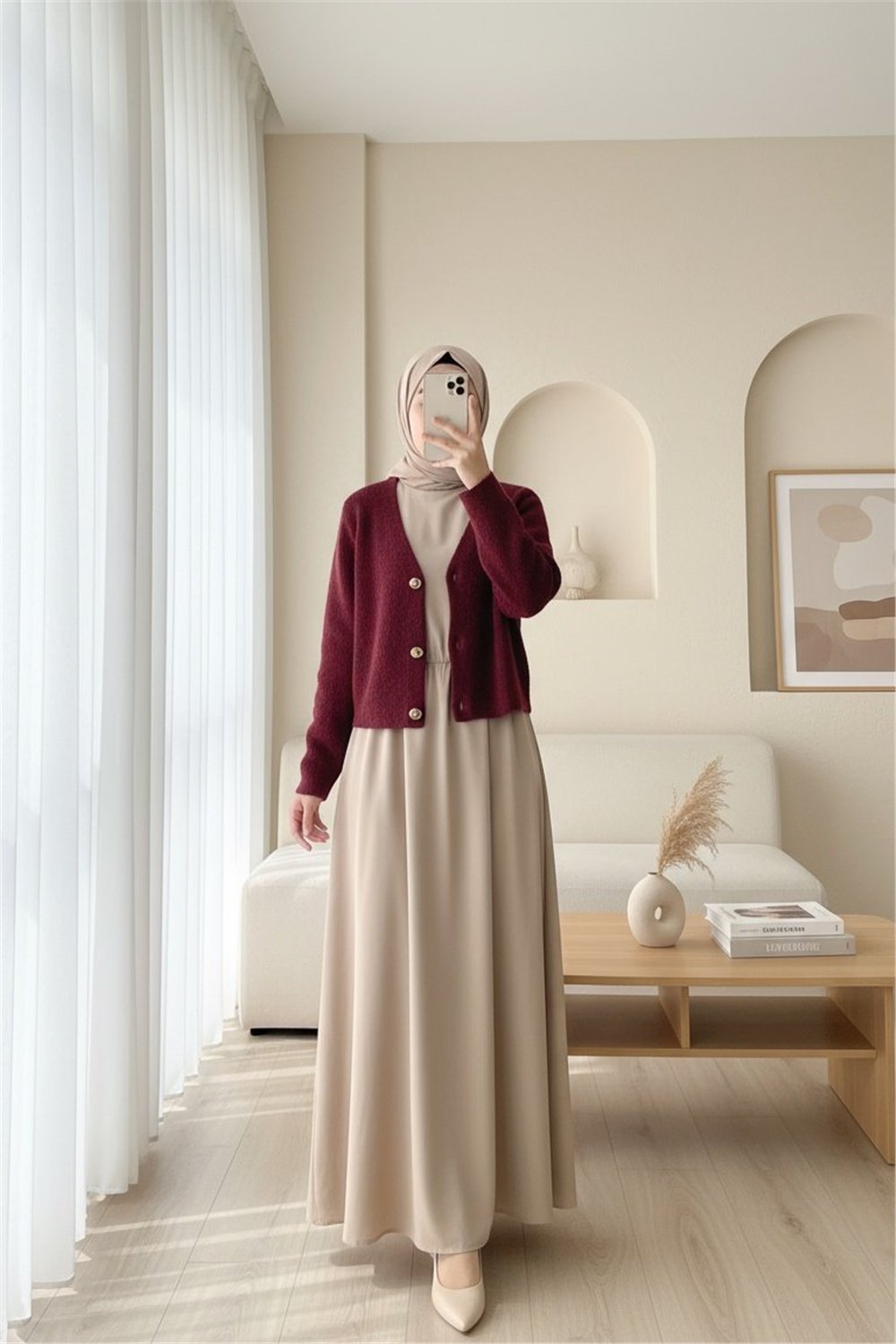 Önü Düğmeli Yumoş Triko Hırka -Bordo-Hırka-385-3748-R04