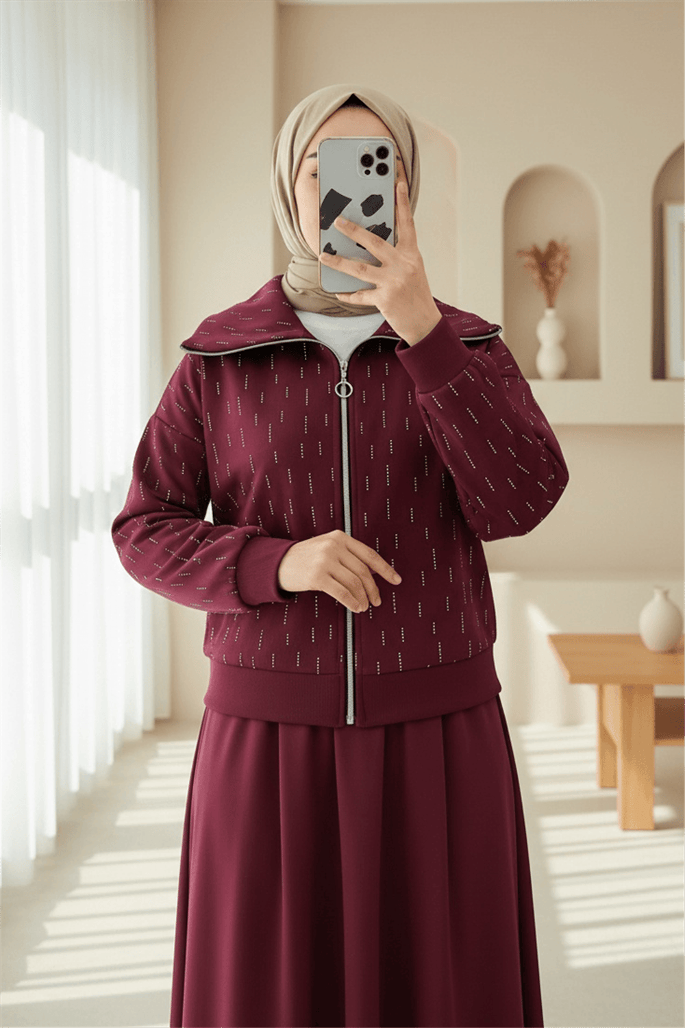 Önü Fermuarlı Boğazlı Taş Detaylı Scuba Takım  -Bordo-Takım-349-7099-R04