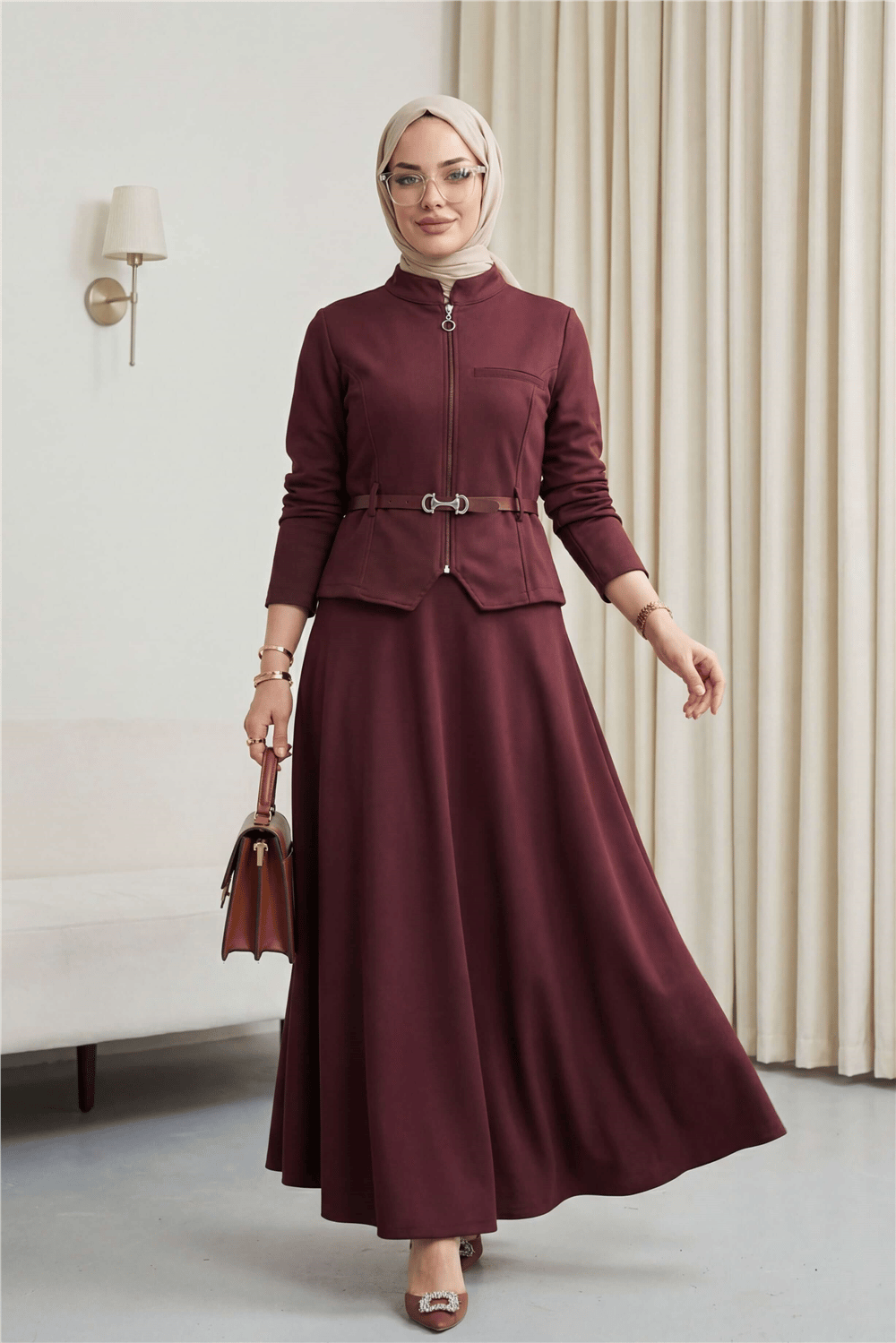 Önü Fermuarlı Cep Detaylı Beli Kemerli Etekli Diagonal Takım -Bordo-Takım-253-13170-R04