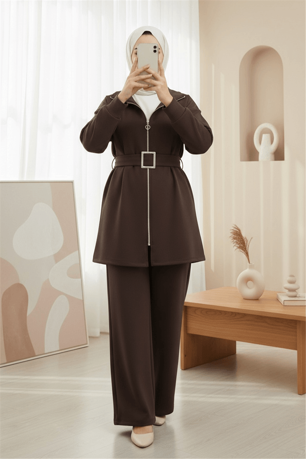 Önü Fermuarlı Kat Detaylı Oysho Takım  -Kahve-Takım-349-7082-R15