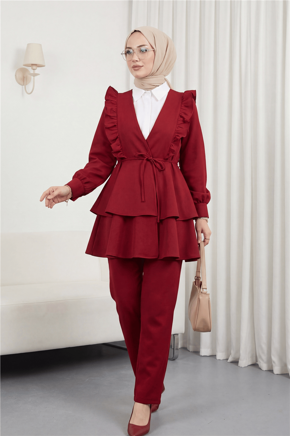 Önü Fırfırlı Bağcıklı Eteği Katlı Pantolonlu Kimono Takım -Bordo-Takım-349-7001-R04