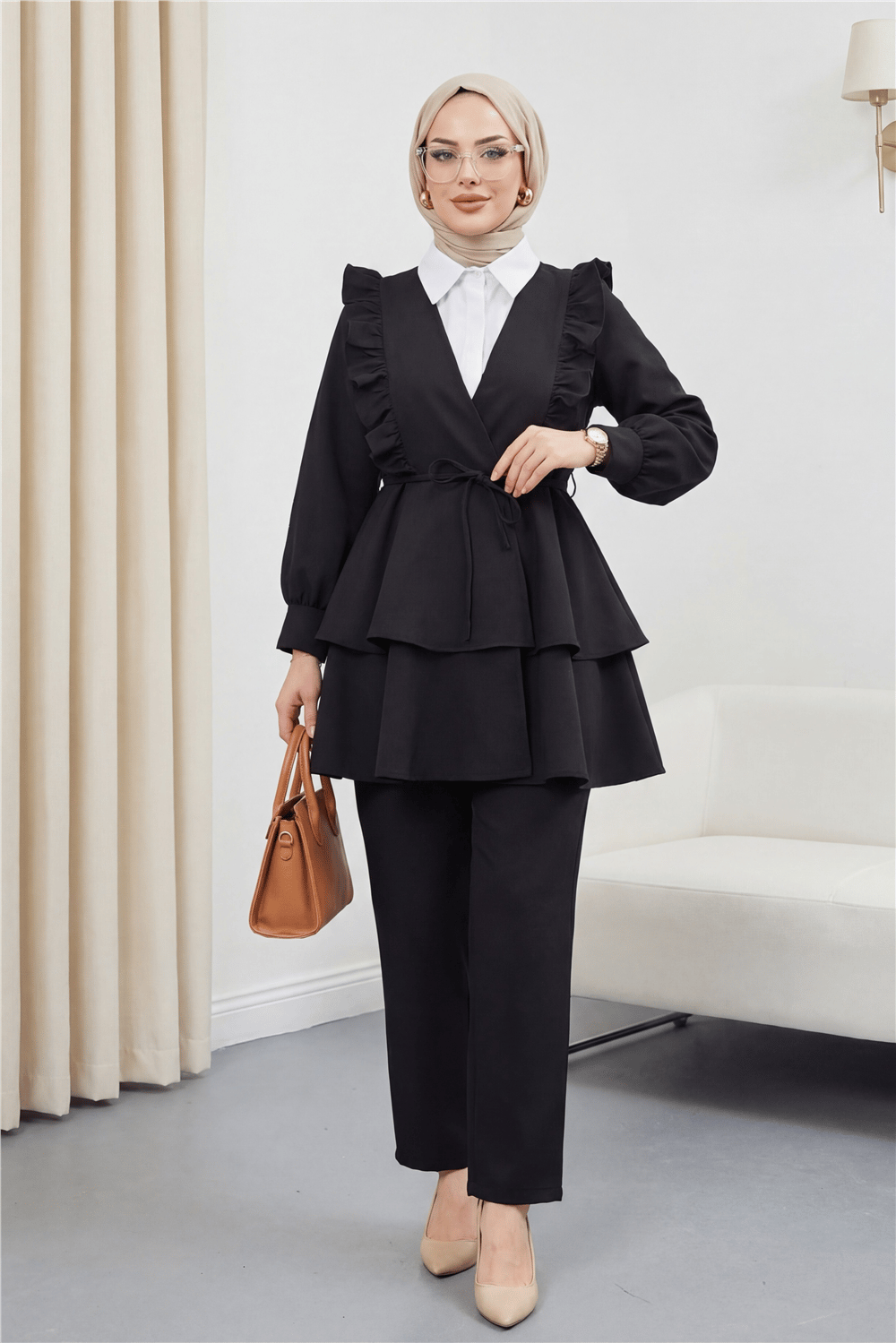 Önü Fırfırlı Bağcıklı Eteği Katlı Pantolonlu Kimono Takım -Siyah-Takım-349-7001-R01